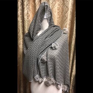 Crochet grey scarf with faux raccoon fur poms NWT